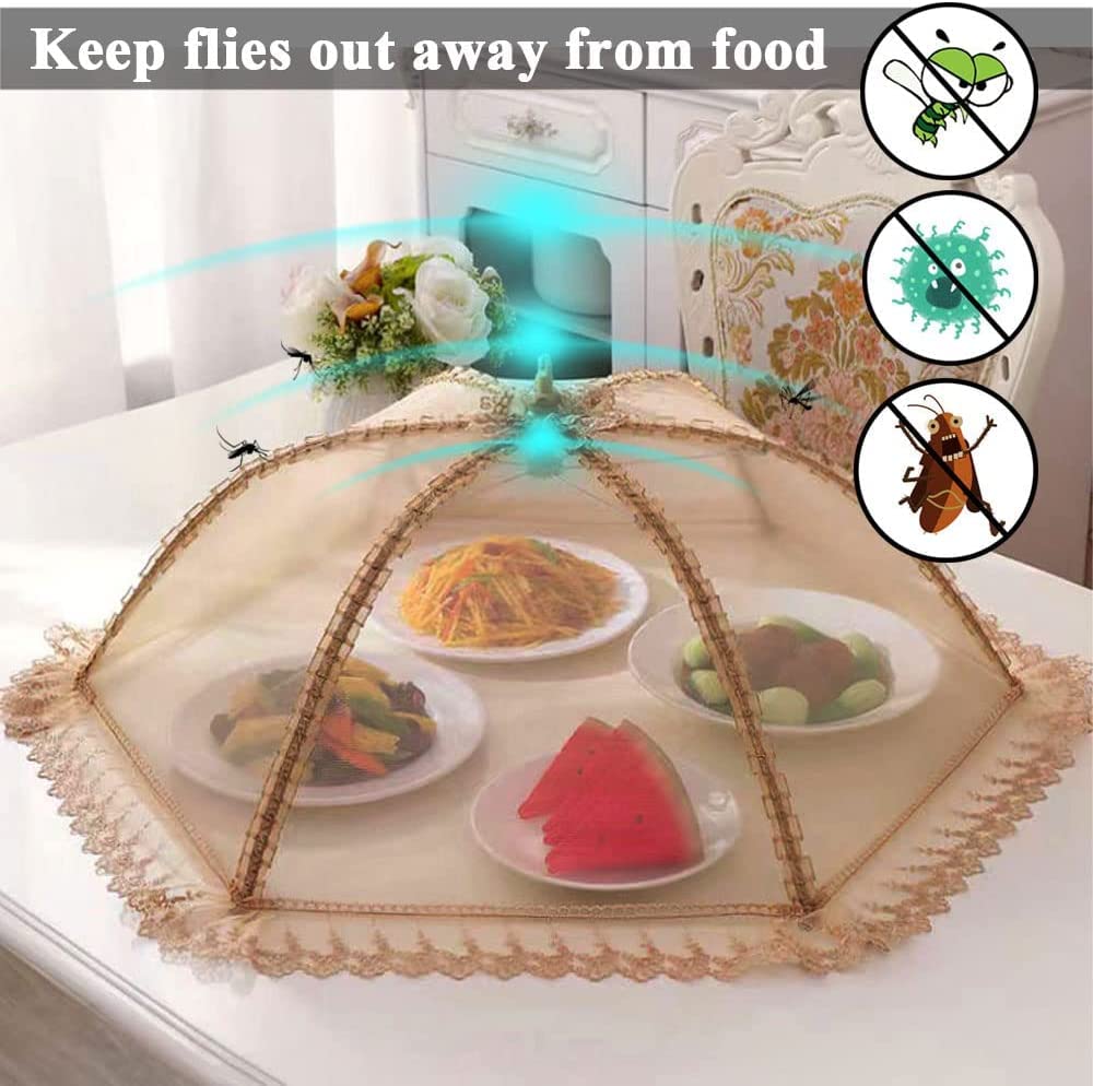 Food Cover Mesh Nets | Kitchen Umbrella Tent | Foldable with Pop-up Lid (Golden color)