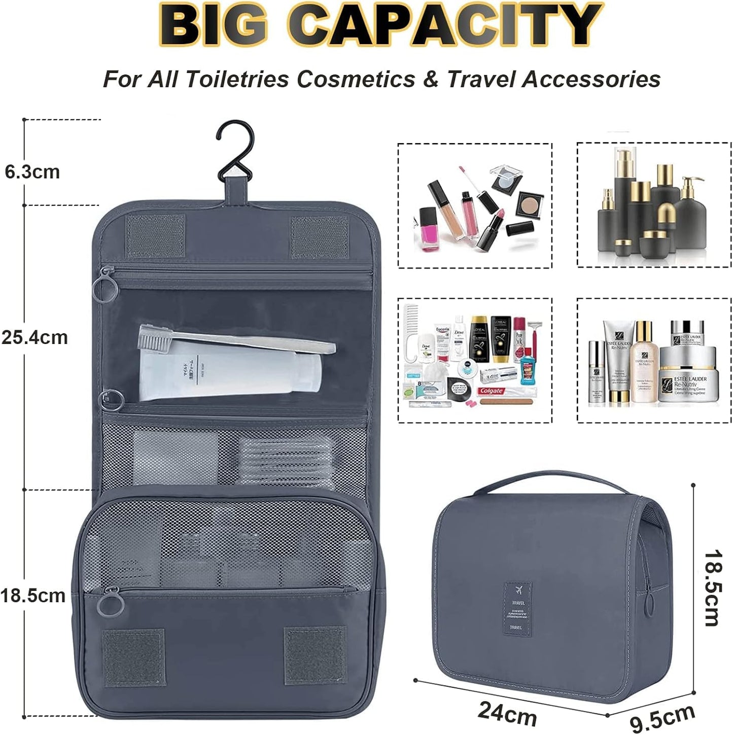 KUNFAIT Hanging Cosmetic Bag with Hook – Waterproof Travel Toiletry Organizer