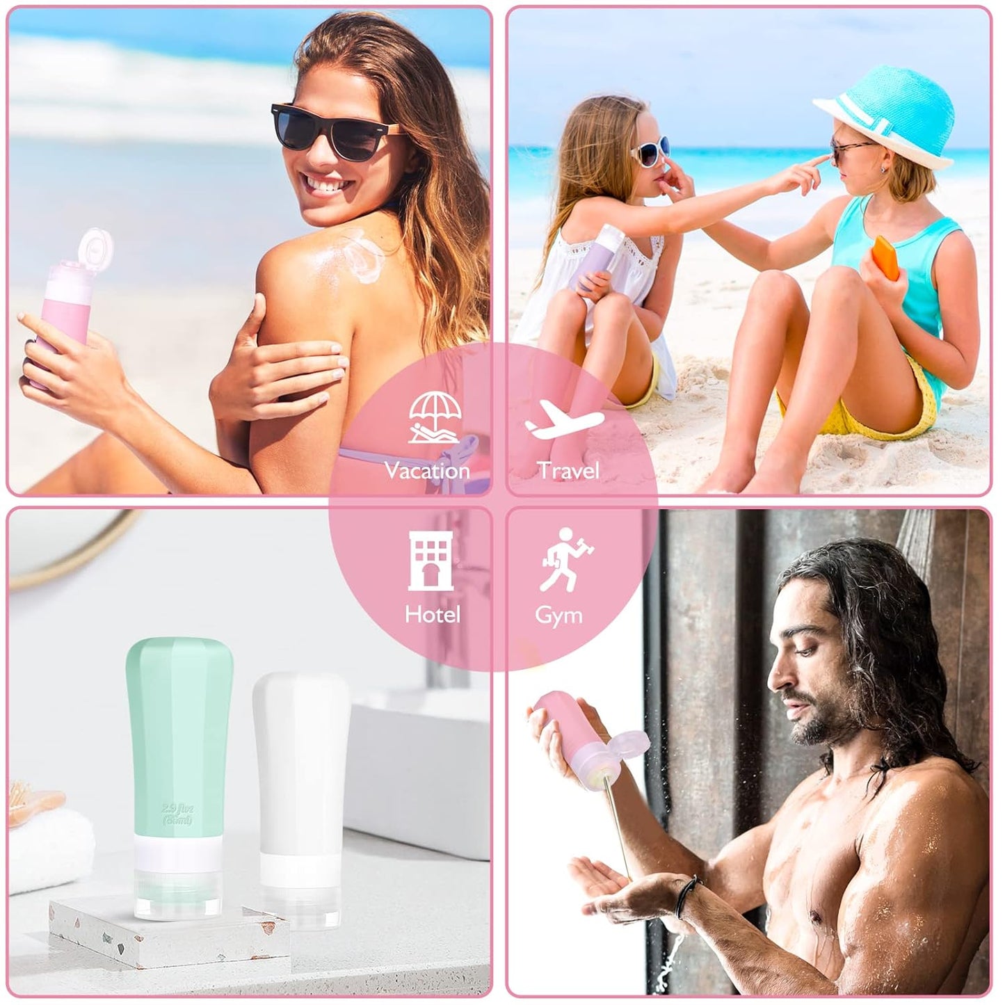 KUNFAIT Set of 4 Empty Silicone Refill Travel Bottles for Toiletries with Scrubber