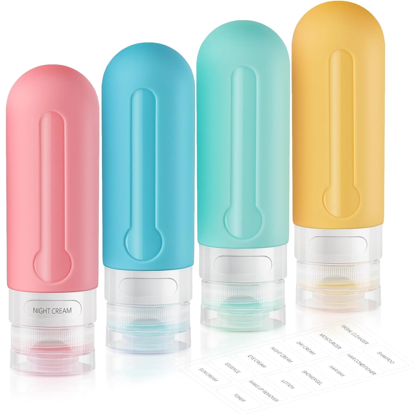 KUNFAIT Set of 4 Empty Silicone Refill Travel Bottles for Toiletries with Scrubber