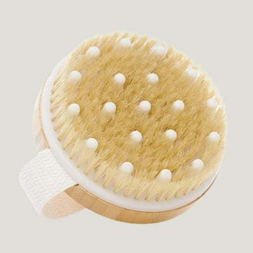 Luxurious Wooden Round Body Bath Brush with Massager Suitable for All Kind of Skin | Scrubber with Soft and Stiff Bristles | 1 Piece