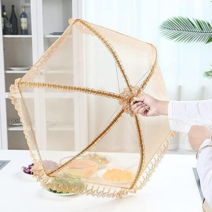 Food Cover Mesh Nets | Kitchen Umbrella Tent | Foldable with Pop-up Lid (Golden color)