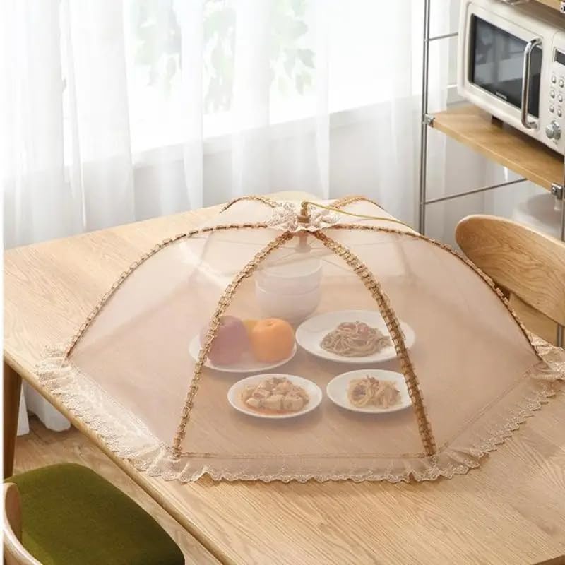 Food Cover Mesh Nets | Kitchen Umbrella Tent | Foldable with Pop-up Lid (Golden color)