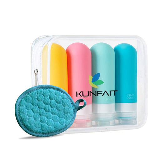 KUNFAIT Set of 4 Empty Silicone Refill Travel Bottles for Toiletries with Scrubber