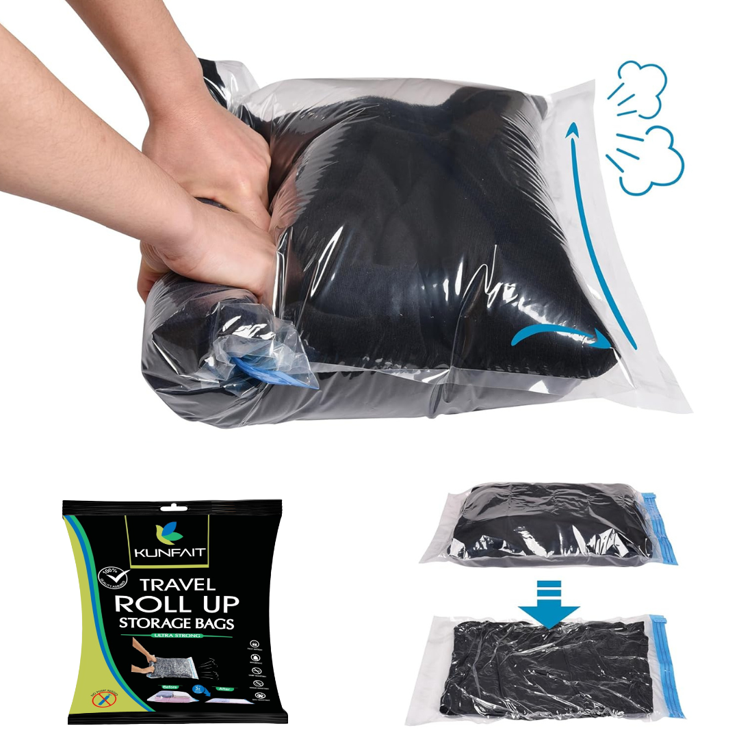 KUNFAIT Vaccum Compression Hand Roll up Storage bags for Clothes & Wardrobe Organiser (No Vaccum or Pump Needed) Reusable & Airtight Size (S, M, L)