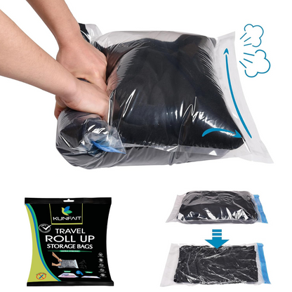 KUNFAIT Vaccum Compression Hand Roll up Storage bags for Clothes & Wardrobe Organiser (No Vaccum or Pump Needed) Reusable & Airtight Size (S, M, L)