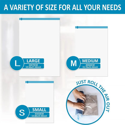 KUNFAIT Vaccum Compression Hand Roll up Storage bags for Clothes & Wardrobe Organiser (No Vaccum or Pump Needed) Reusable & Airtight Size (S, M, L)